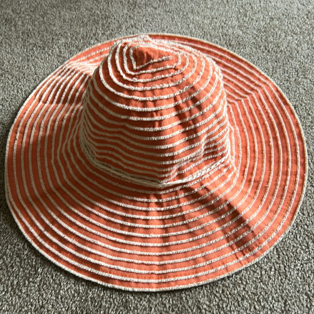 Woman’s Orange Striped Beach Hat with braided cord trim